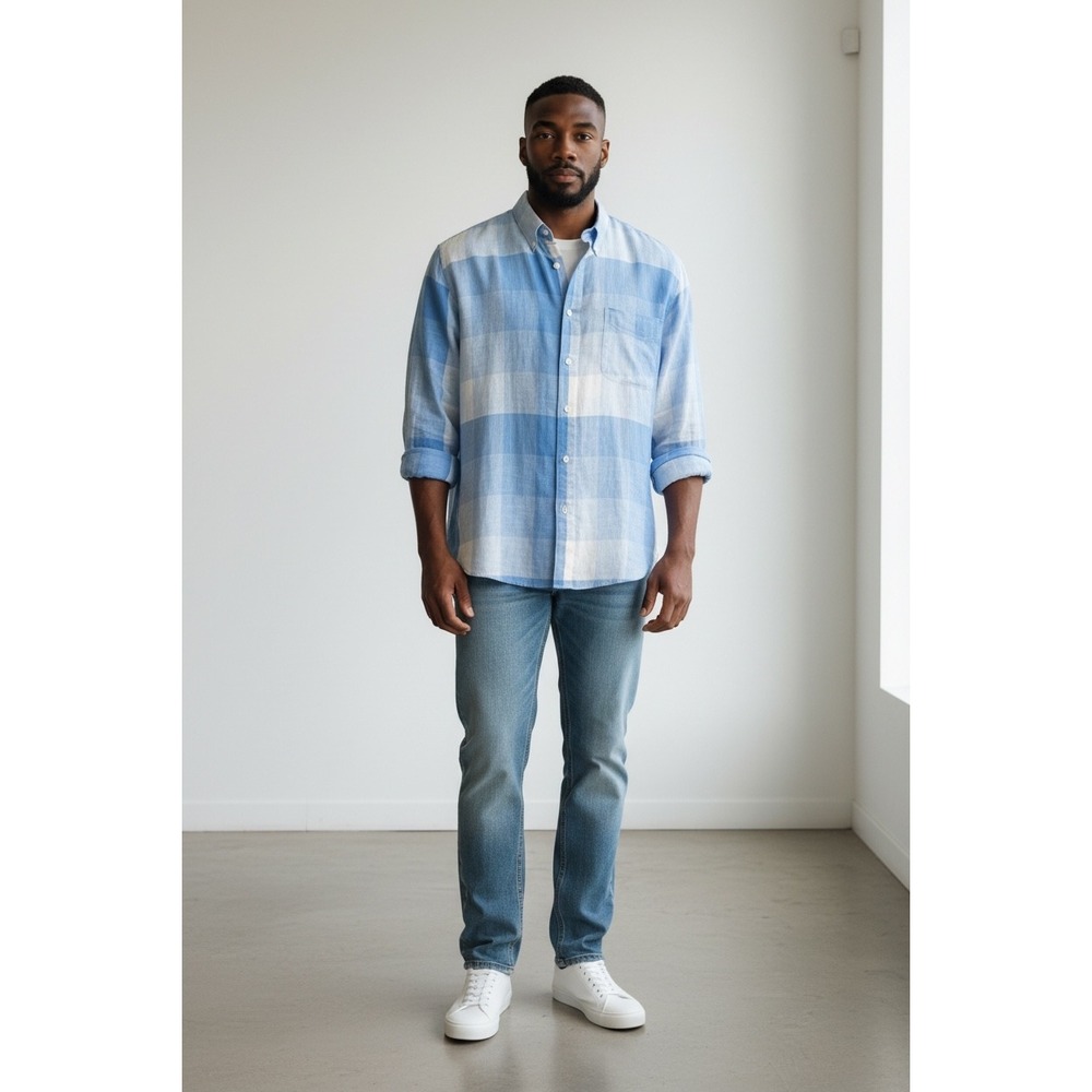 Alan Flusser Mens Linen‎ Plaid Button Down Shirt Blue White Size L